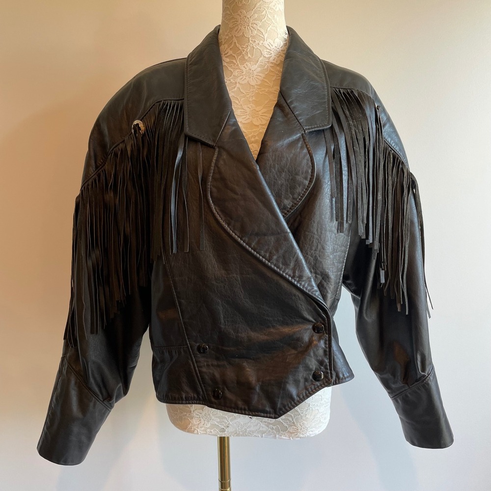 Vintage‎ 80s Reed Sportswear Leather Fringe Jacket Western Moto Biker Womens M